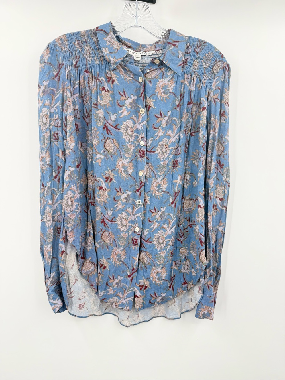 Veronica Beard Blue Floral Smocked Rayon Button Up Blouse Size 4